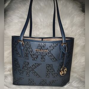 Michael Kors Blue MK Logo Tote with Gold Hardware